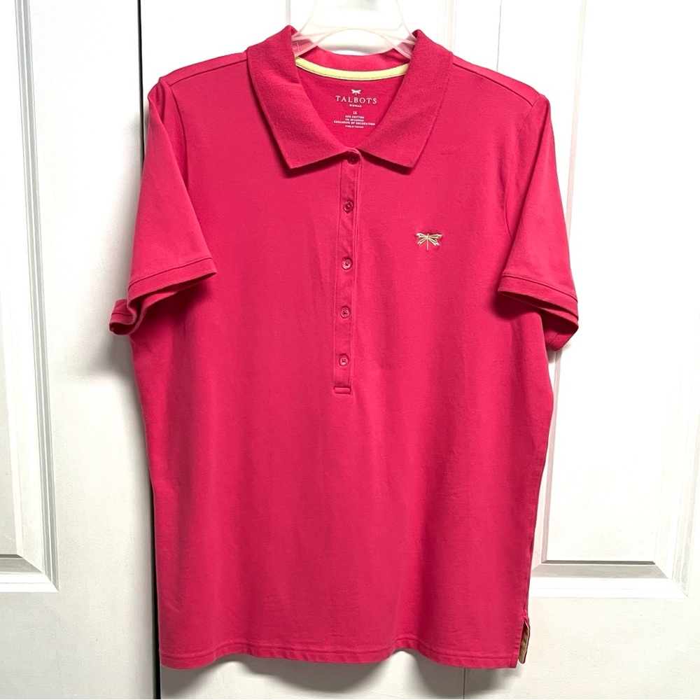 Talbots Women's Bright Pink Polo with Embroidered Dragonfly Plus Size 1X